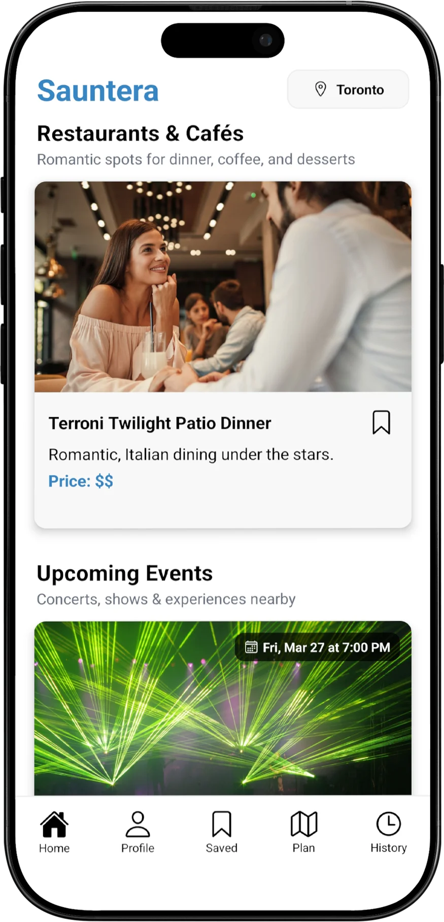 Sauntera home screen showing upcoming events and hidden gems in Toronto