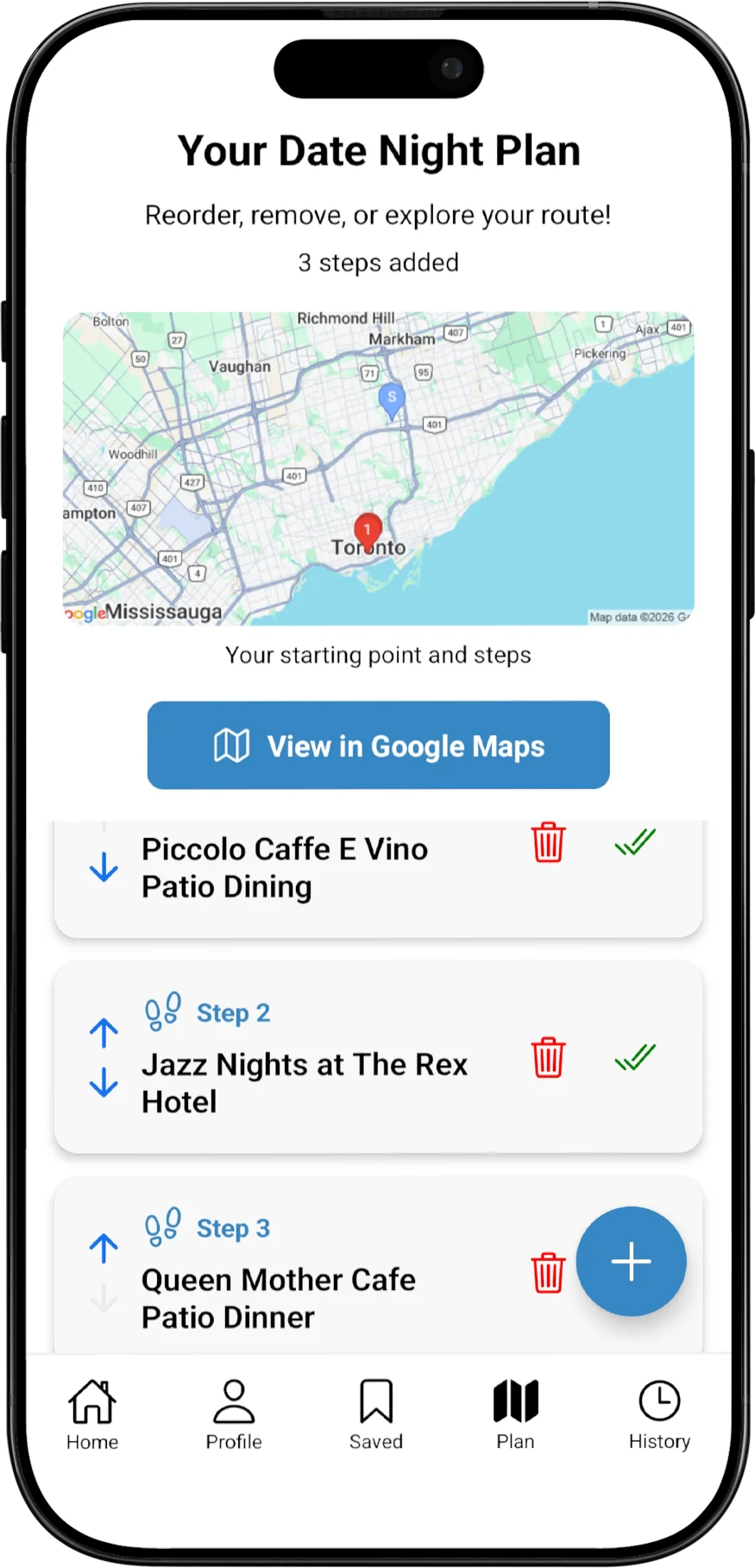 Sauntera date night plan screen with three stops mapped in Toronto
